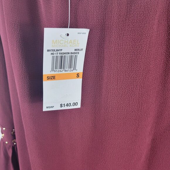 Michael Kors Shift Dress S Purple Gold Bell Sleeve Gold Cottagecore Simple NWT - Picture 11 of 12